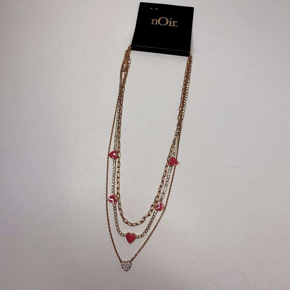 Noir Gold Tone Rhinestone Enamel Pink Heart Triple Strand Dainty Necklace New